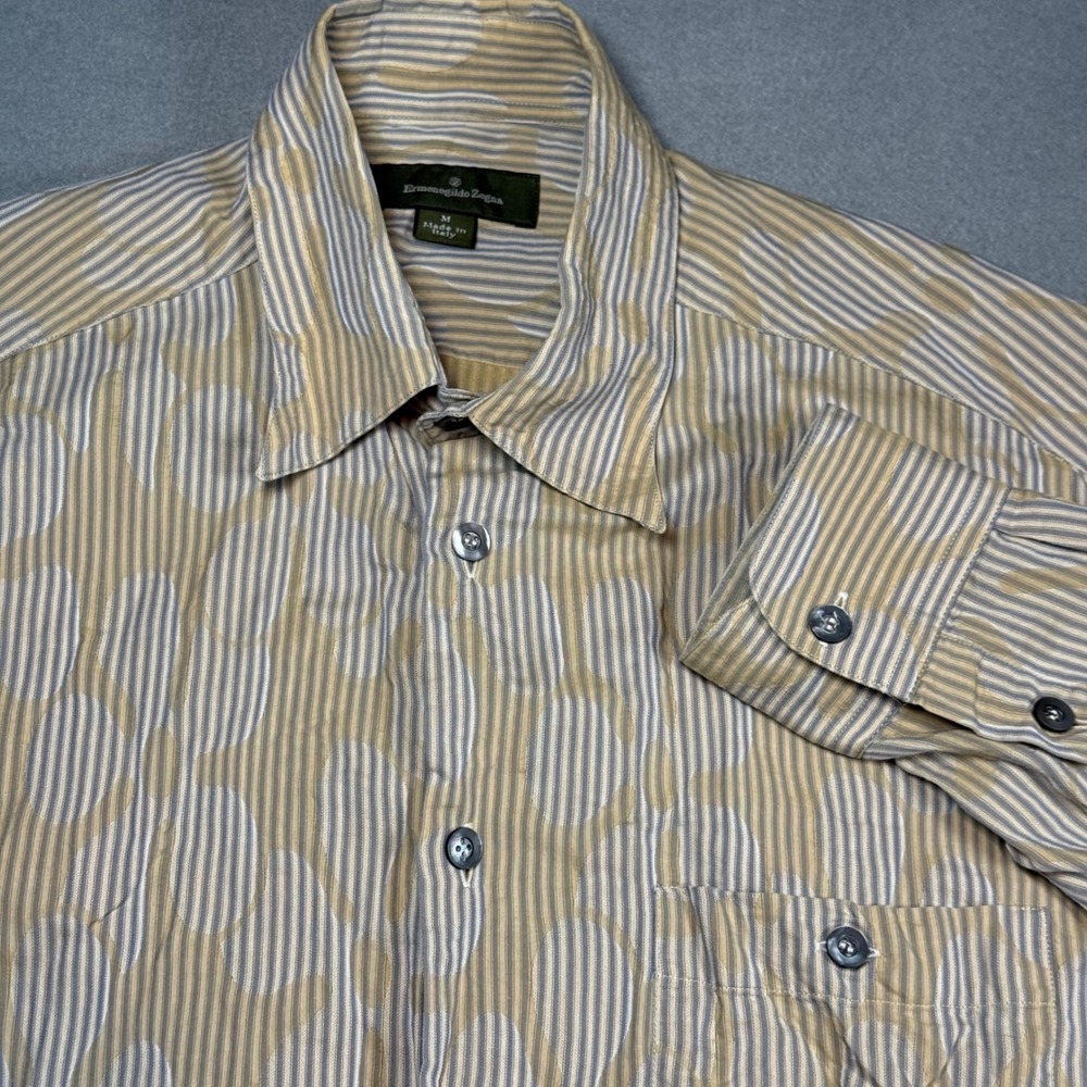 Ermenegildo Zegna Mens Button Down Shirt M Tan Striped Floral Cotton Italy